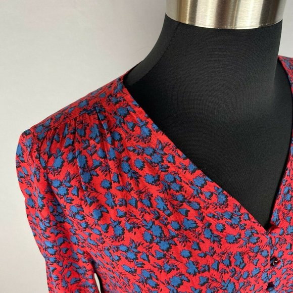 J. Jill Petite XS Red Blue Patterned Rayon Button Down Long Sleeve - Picture 3 of 8